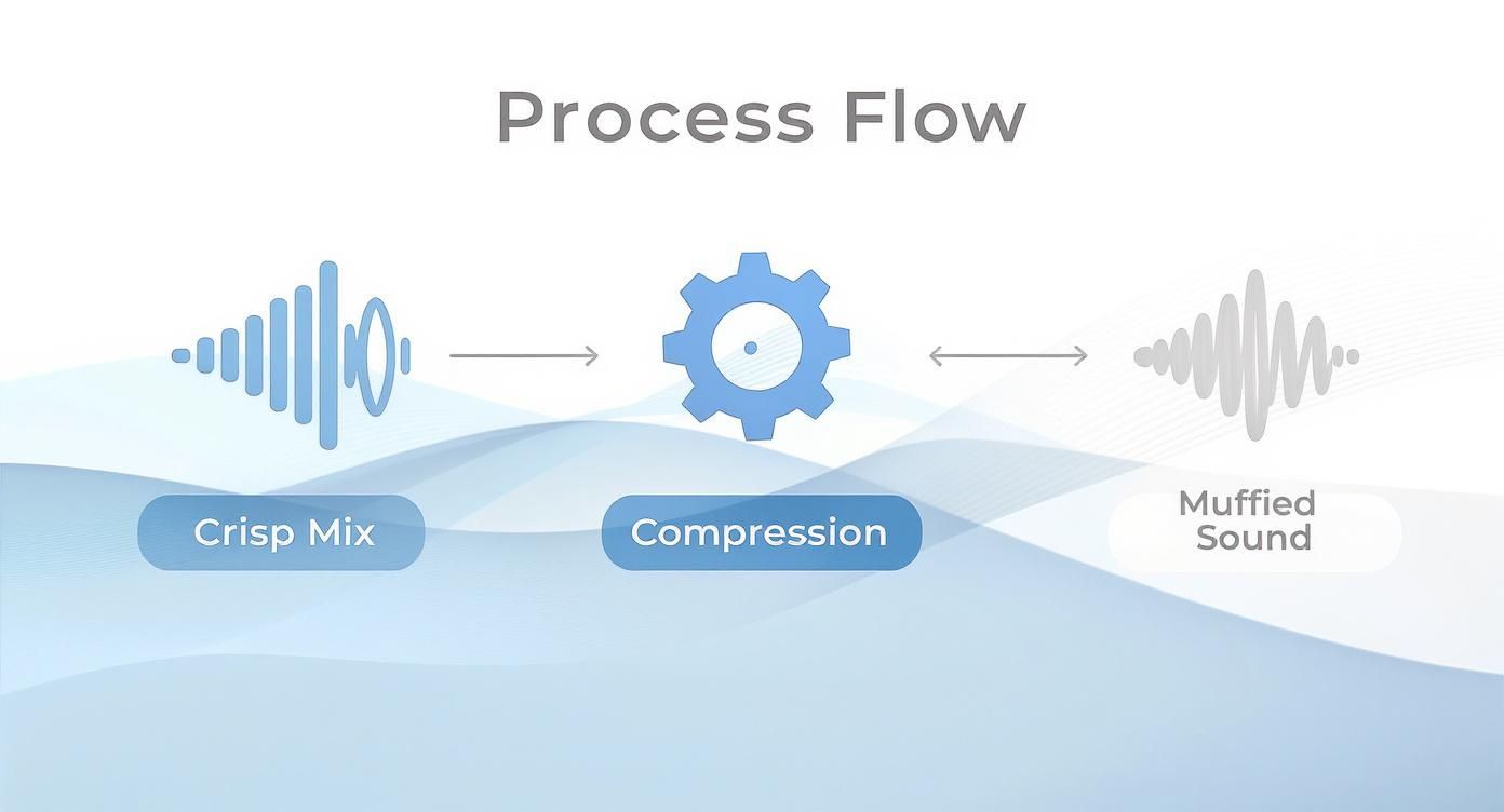 Infographic showing the process from a crisp mix to a muffled sound through compression and frequency buildup