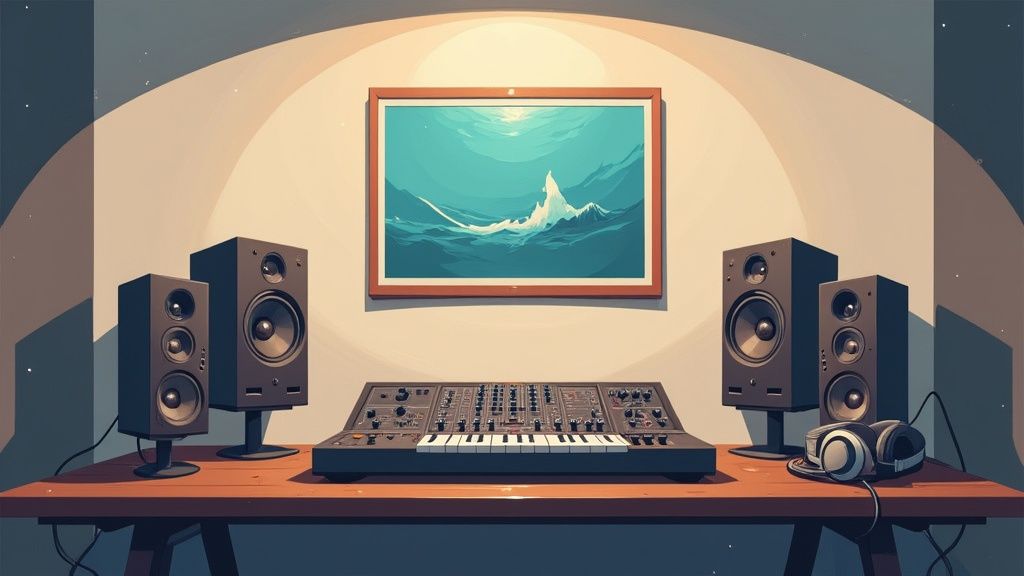 A professional audio mastering studio with speakers and sound mixing equipment.