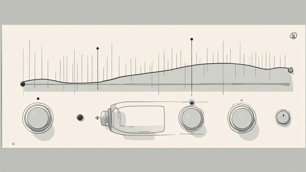 A close-up of a mastering equalizer with illuminated knobs and a digital display, showcasing the precision required for audio mastering EQ.