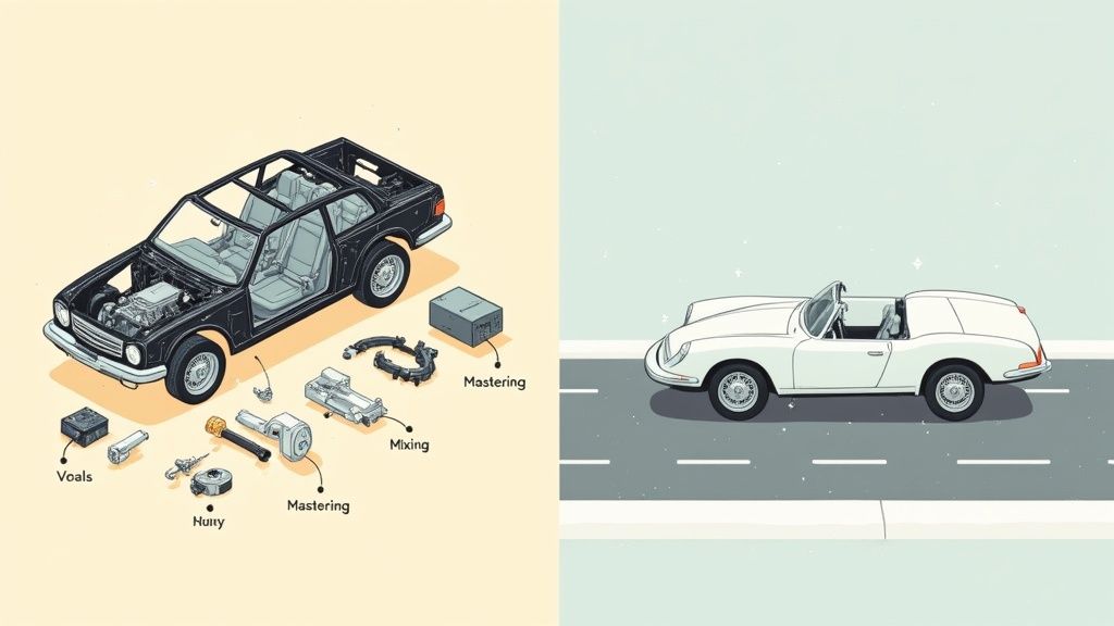 A music producer in a studio, adjusting knobs on a mixing console, representing the hands-on process of audio mixing and mastering.