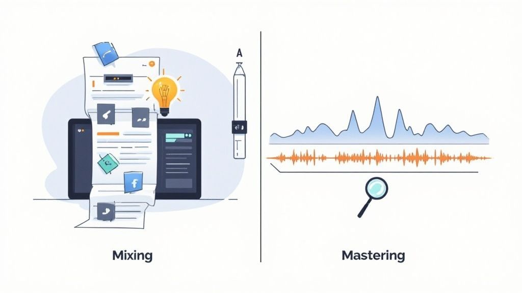 A split-screen image showing a mixing console on one side and a mastering studio with high-end speakers on the other, representing the different environments and tools for each process.