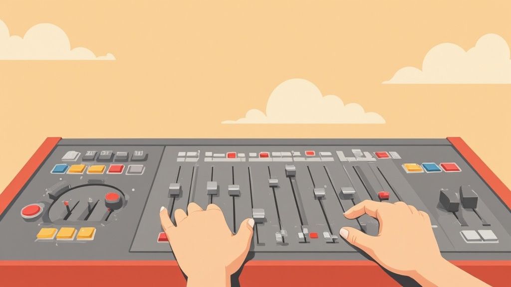 A creative audio setup with headphones, a keyboard, and a computer displaying a digital audio workstation, illustrating the artistic process of mixing.