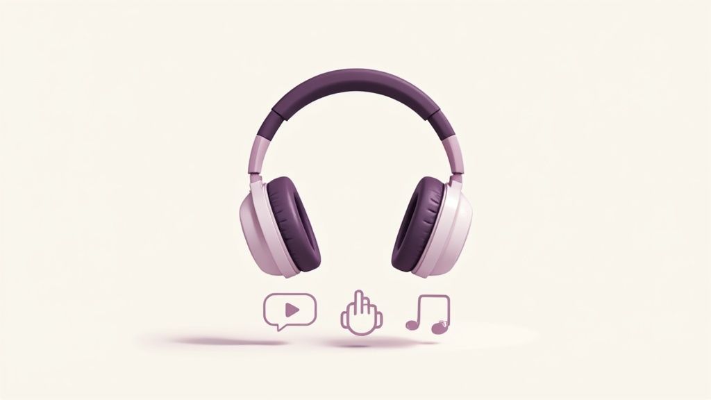 A pair of high-end headphones resting on a desk next to a glowing laptop screen displaying audio waveforms.