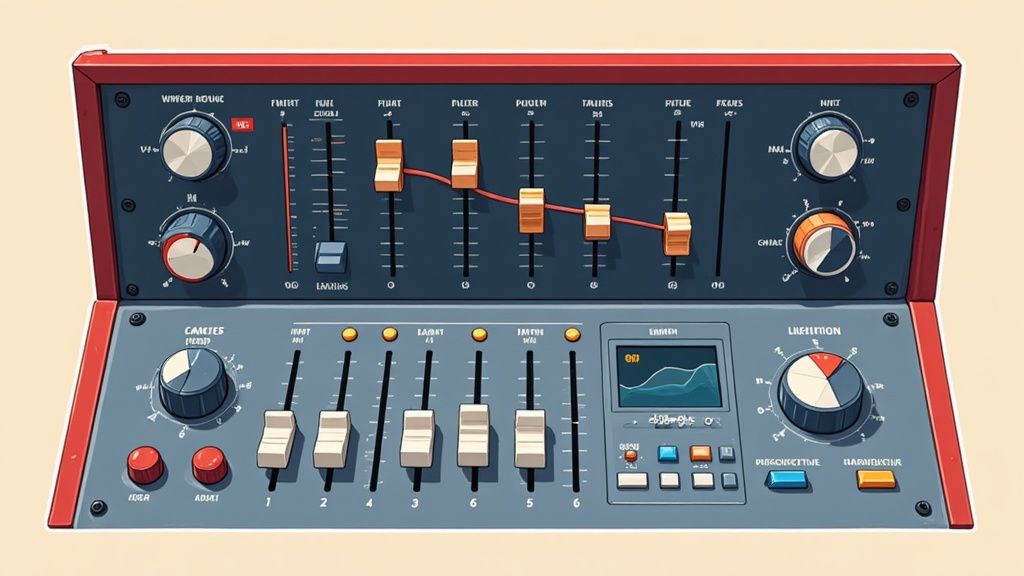 A digital audio workstation with colorful audio tracks on a computer screen, representing a music mixing session.