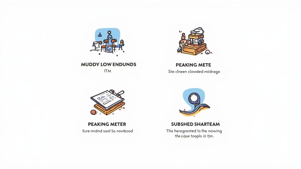 Musician looking frustrated at a laptop screen in a home studio.