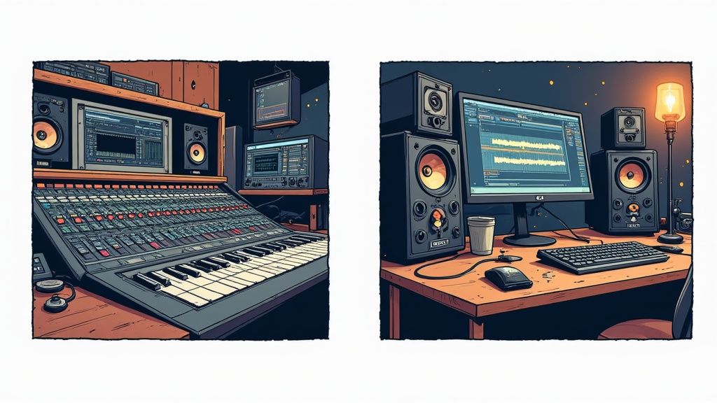 Mixing engineer at a large console, representing the intricate workflow of mixing music