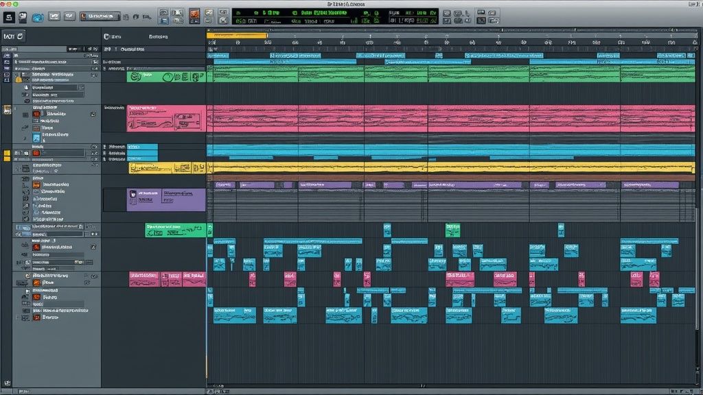 Mixing desk with faders and knobs representing levels and panning
