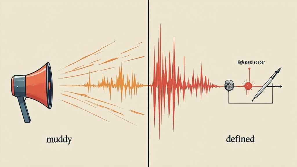 A close-up of an audio equalizer's low-frequency controls with glowing lights, set against a dark, professional studio background.