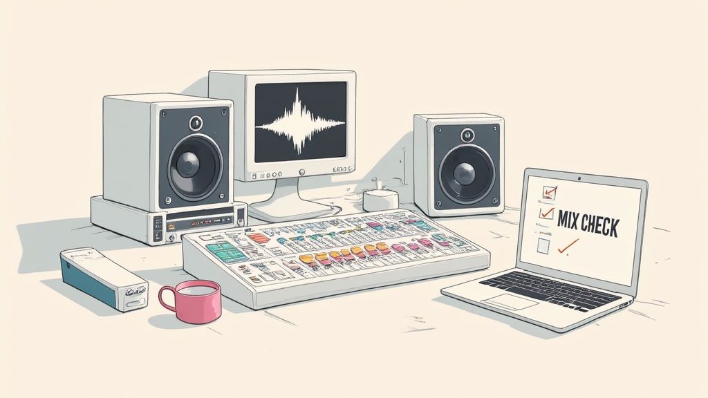 A professional audio mastering setup with an equalizer on a screen in a dark studio.