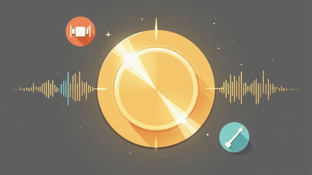 A studio audio compressor with glowing knobs and meters, representing music production.