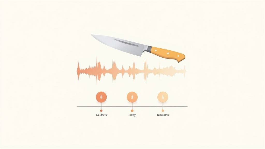 A person working on a laptop with mastering software on the screen, showing audio waveforms and controls.