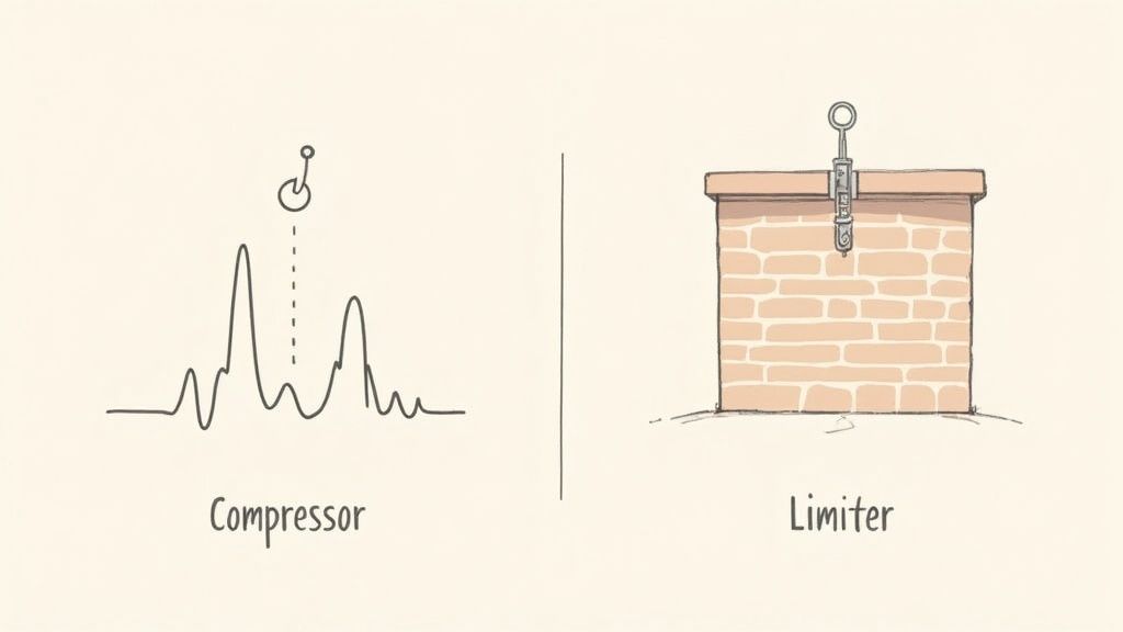 A recording studio setup showing an audio interface and monitors, representing audio dynamics control