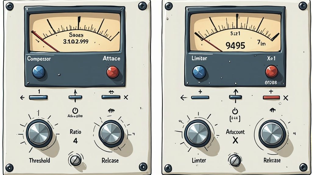 A professional limiter plugin interface showing threshold, output ceiling, and gain reduction meters.