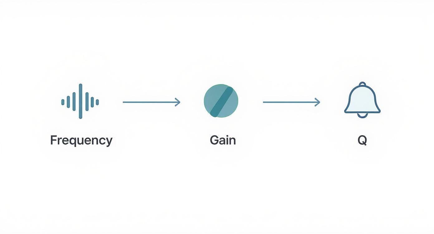 Infographic showing the three core EQ controls Frequency, Gain, and Q with simple icons.