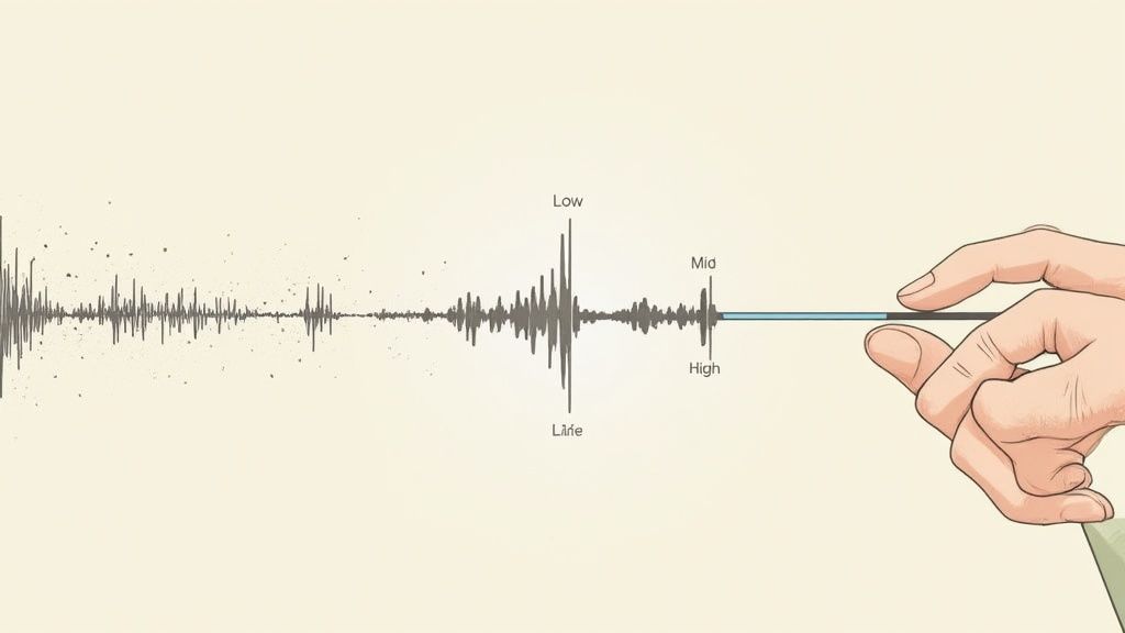 A digital audio workstation showing an EQ plugin with colorful frequency curves on a computer screen.