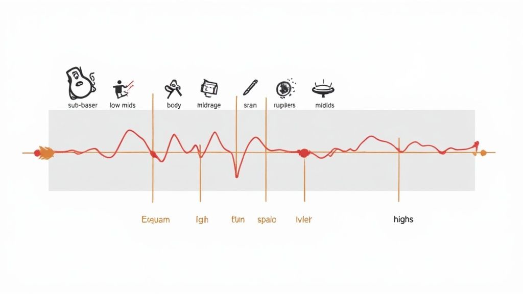 Audio frequency spectrum waveform showing instrument ranges from sub-bass to highs with labeled frequency bands