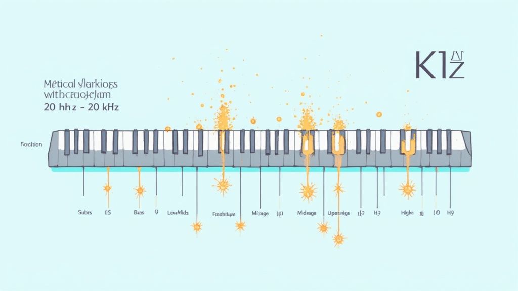 Piano keyboard diagram showing musical variations with frequency range from 20 hertz to 20 kilohertz