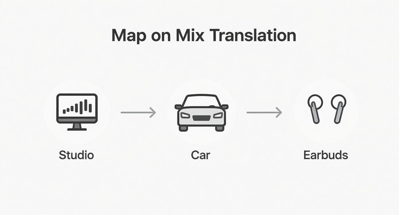 Workflow diagram showing audio translation process from studio to car to earbuds listening