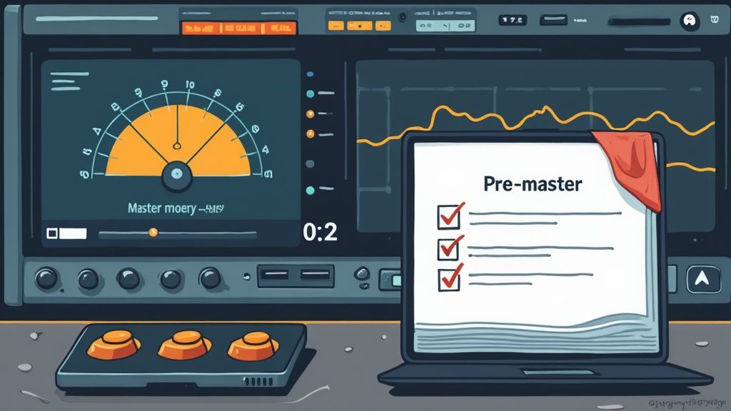 Metal music mastering workstation showing audio meter, waveform display, and pre-master checklist on laptop screen