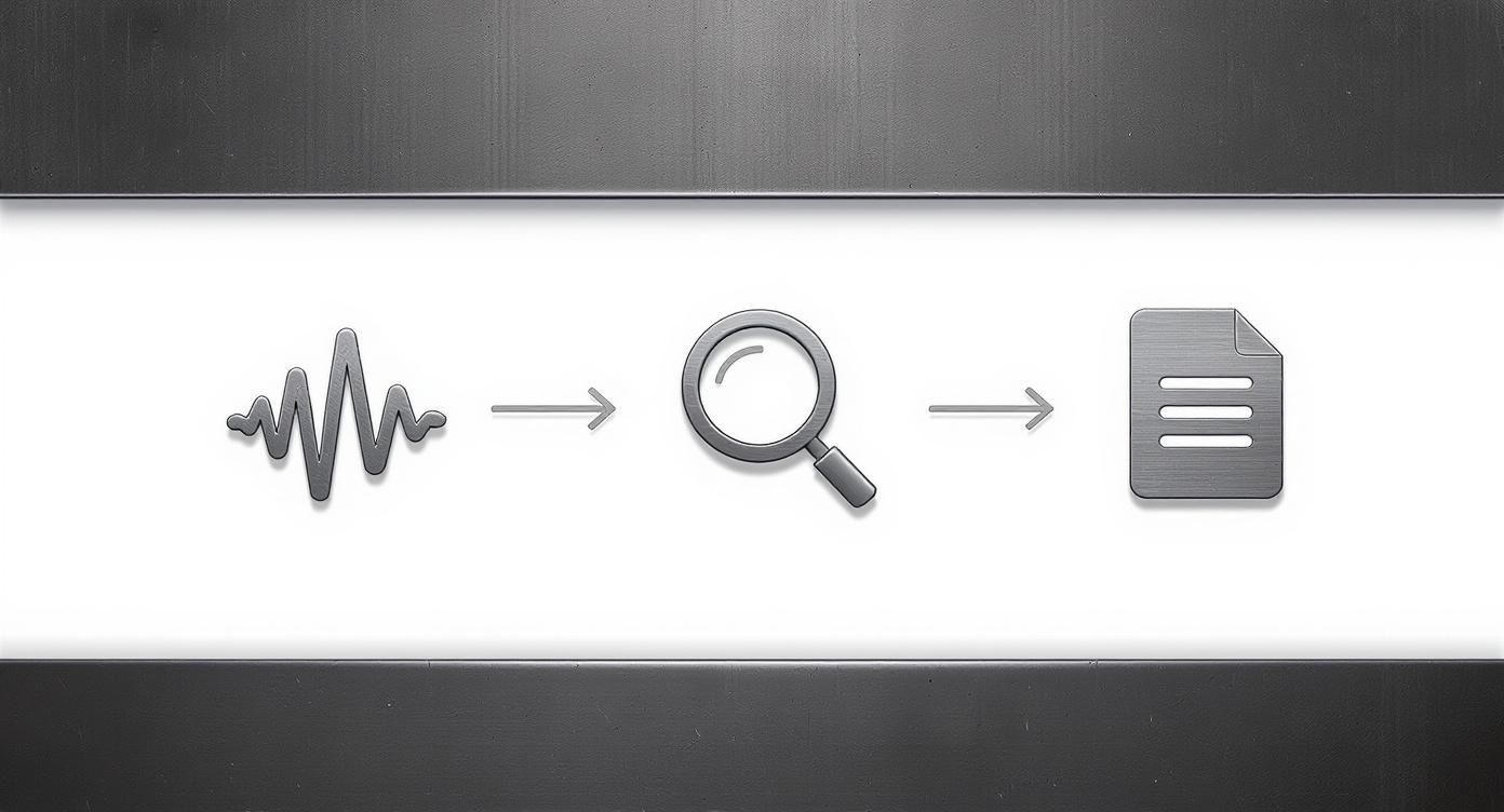 Audio waveform icon leading to magnifying glass and document representing music mastering workflow process