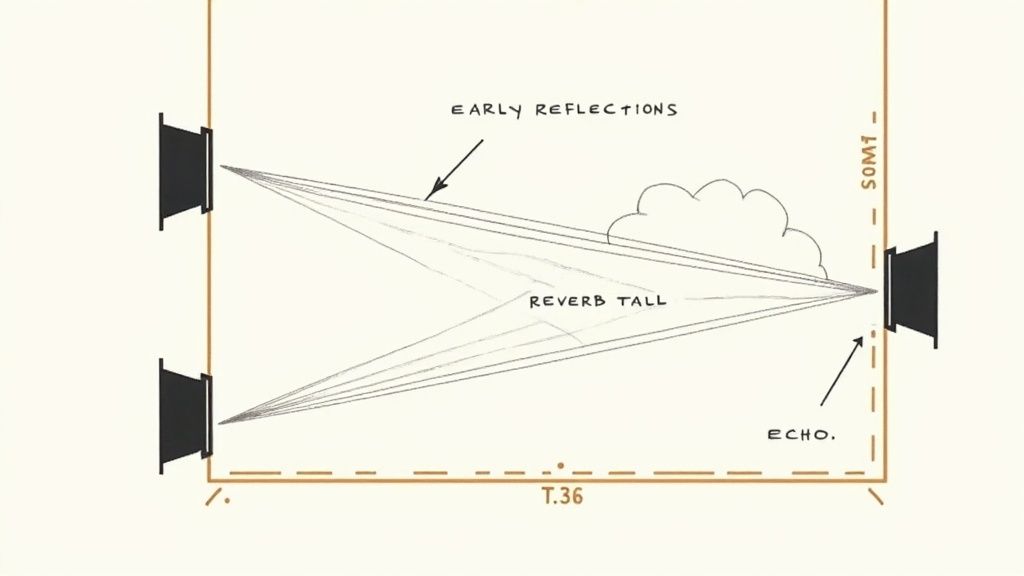 Diagram showing sound wave paths illustrating early reflections, reverb tail, and echo in acoustic space