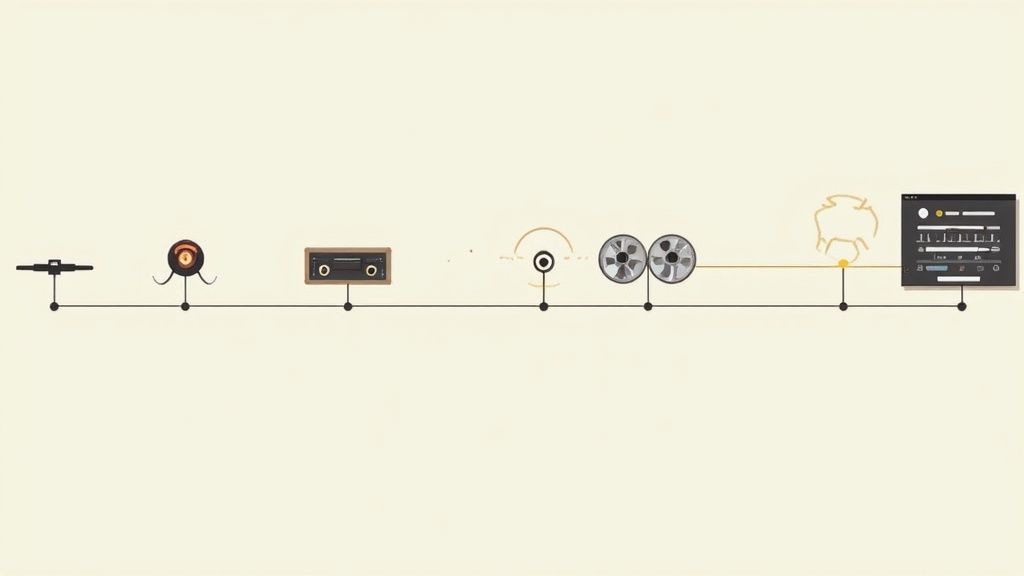 Timeline illustrating the evolution of audio recording technology from telegraph to modern digital equipment