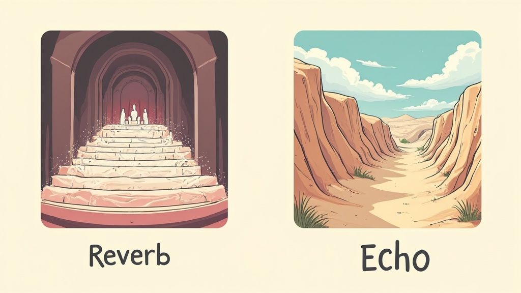 Visual comparison illustration showing reverb as grand staircase and echo as desert canyon pathway