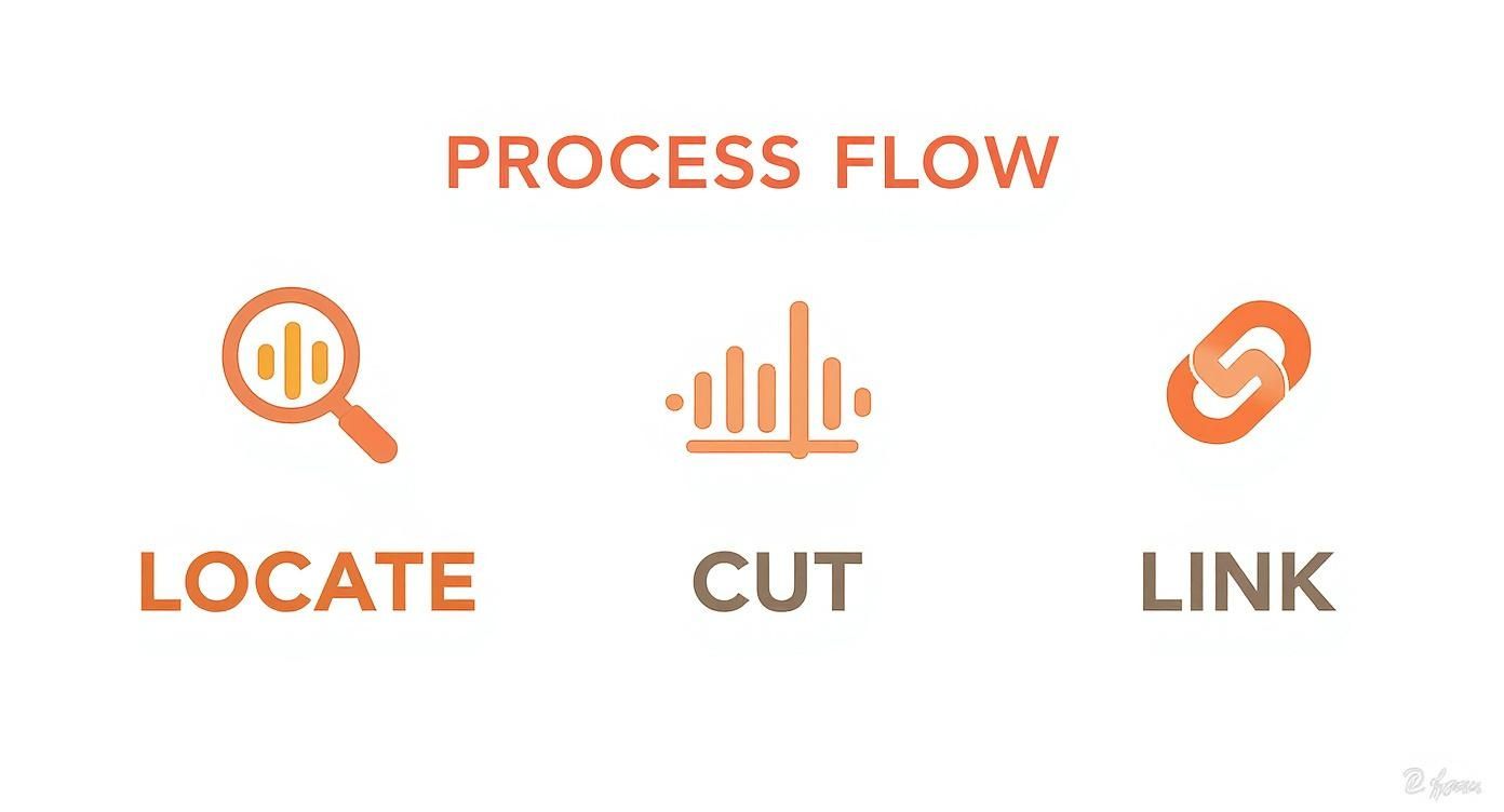 Process flow diagram showing three steps: locate with magnifying glass, cut with audio waveform, and link with chain icon
