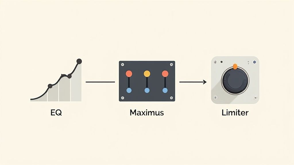 Audio signal chain showing EQ, Maximus multiband processor, and Limiter connected in sequence