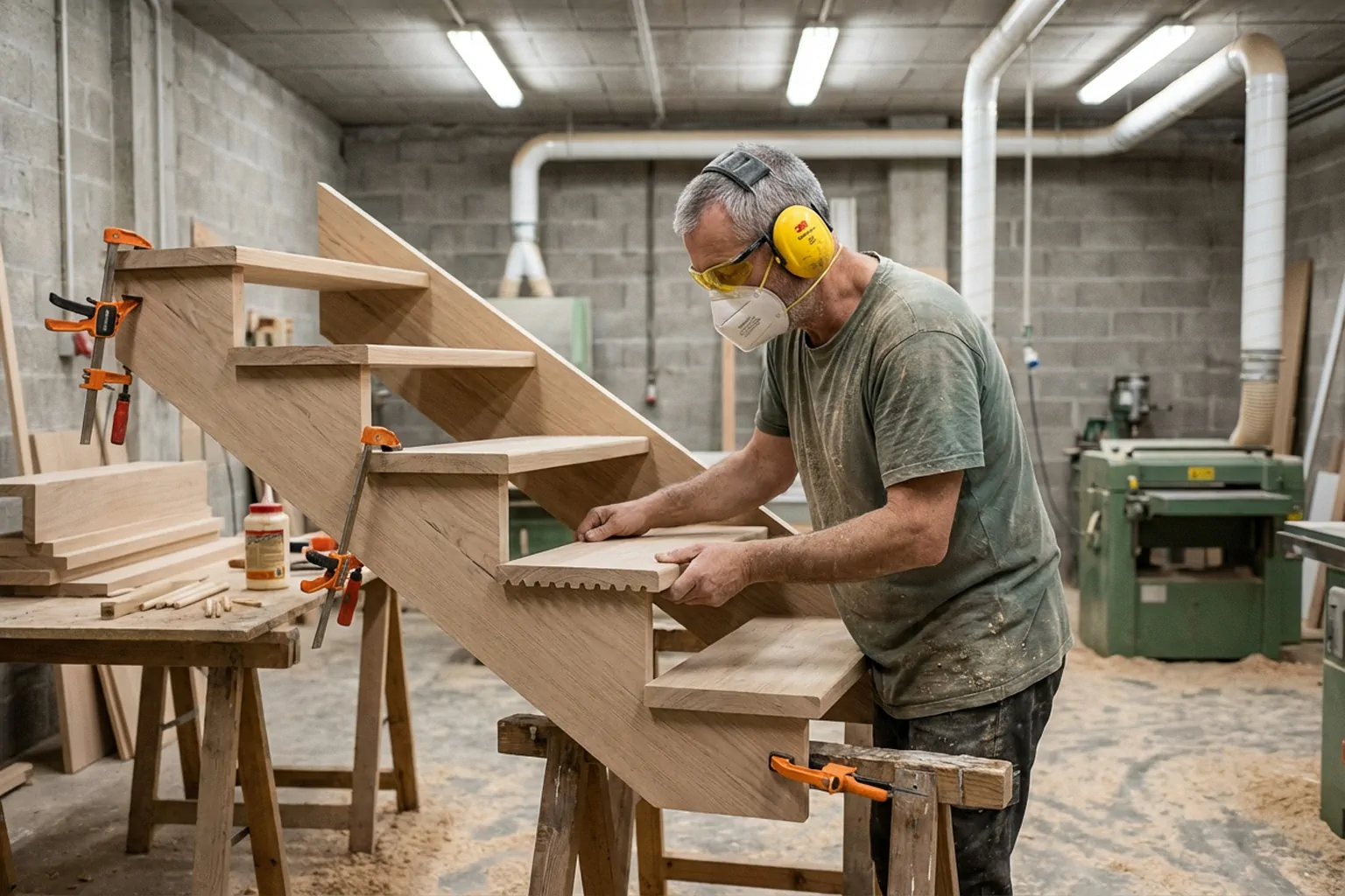 Fabrication artisanale d'un escalier bois sur mesure dans notre atelier à Millonfosse près de Valenciennes