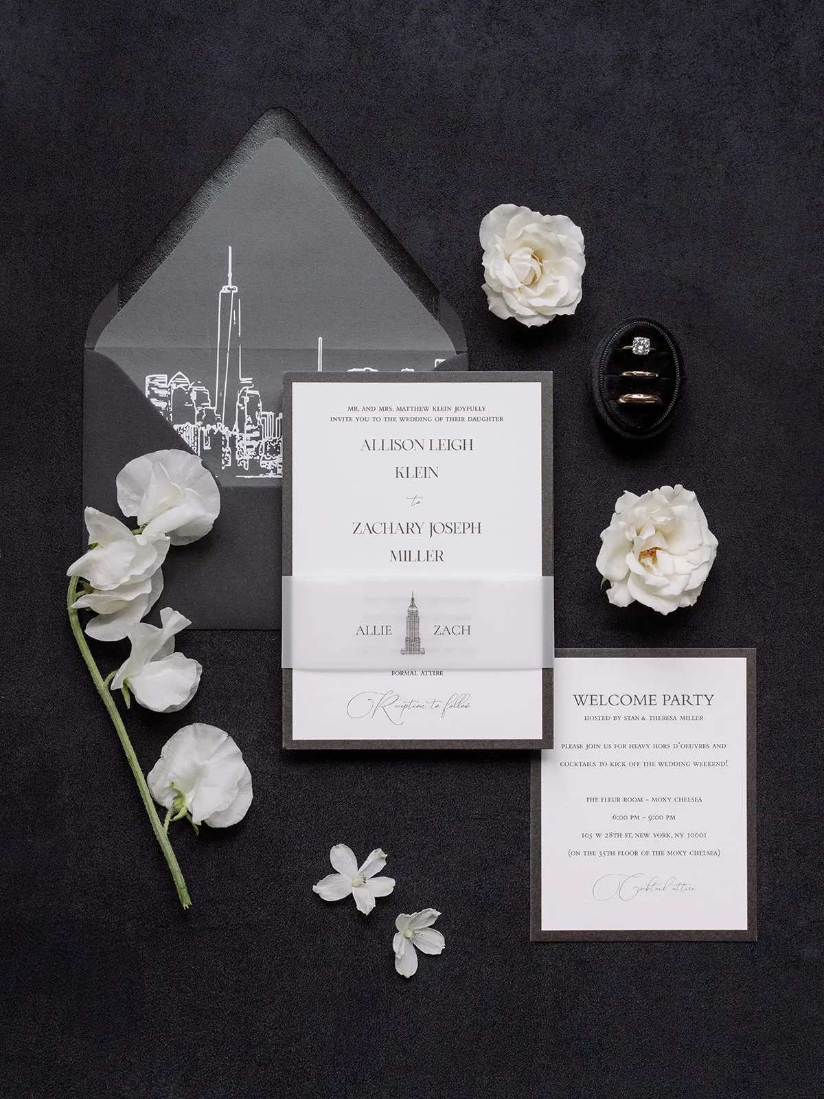 Wedding invitation suite with a New York skyline illustration, white roses, and sweet peas