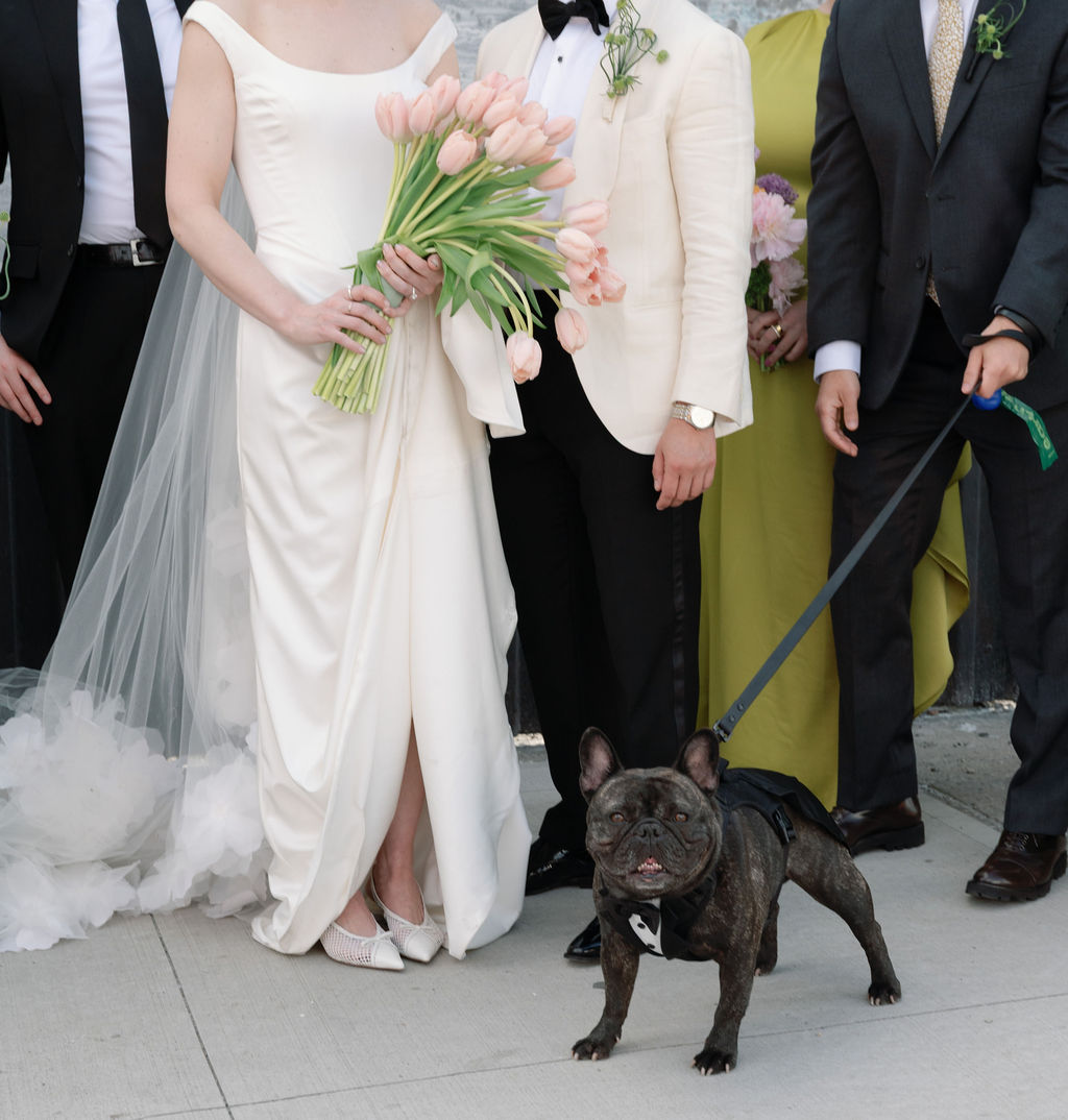 Bride holding pink tulips beside a French bulldog on a leash, wedding party in the background