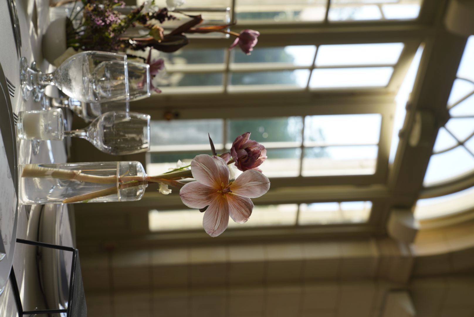 Close-up of a single poppy in a bud vase on the reception table near the windows.