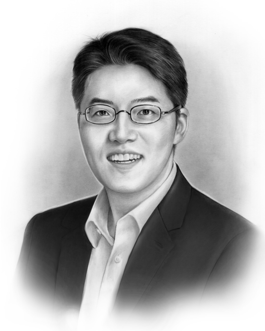 Black and white portrait of a smiling man with short dark hair and glasses wearing a suit jacket over a collared shirt.