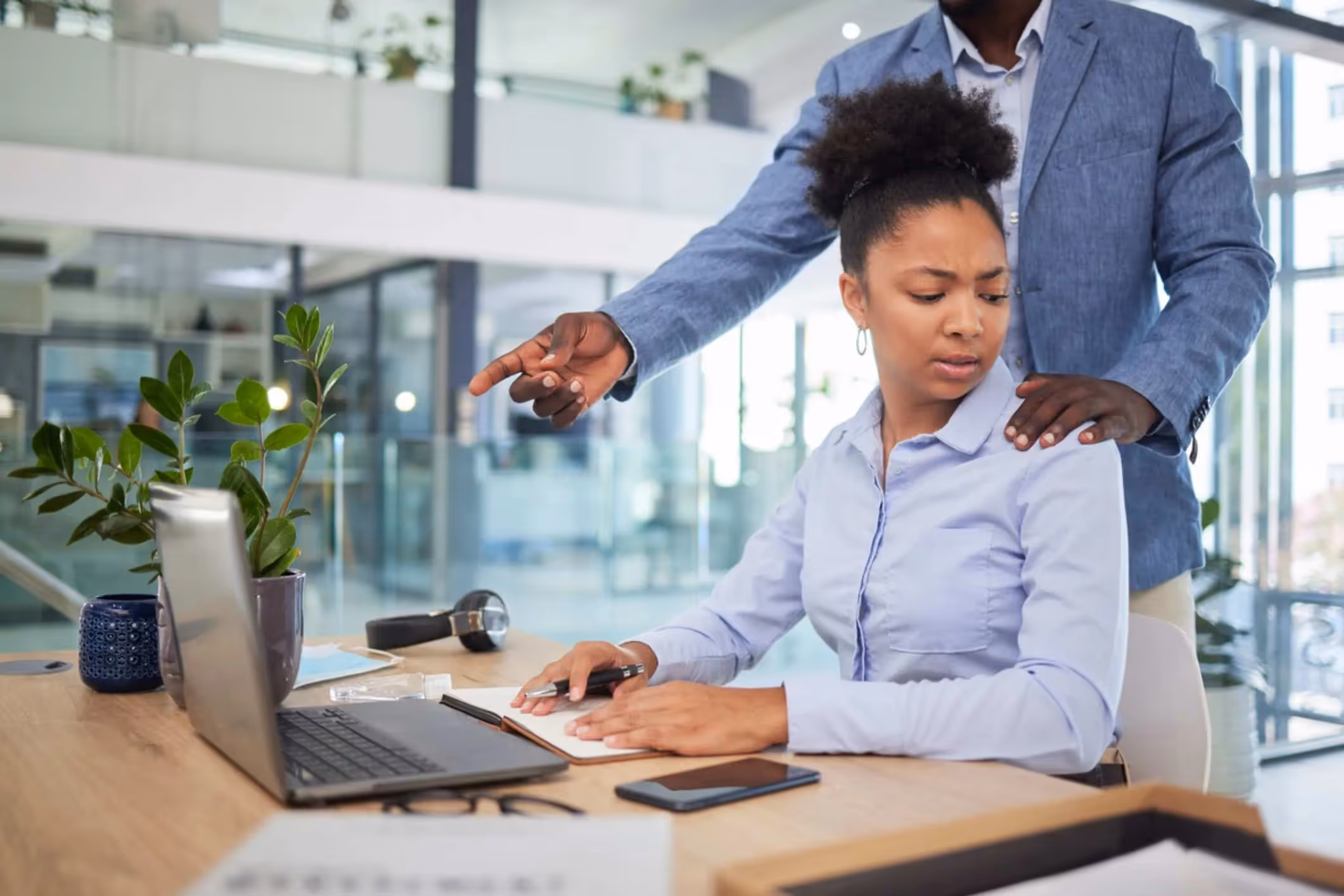 A supervisor nonconsensually touches an employee in exchange for job benefits, which is an example of quid pro quo sexual harassment. 