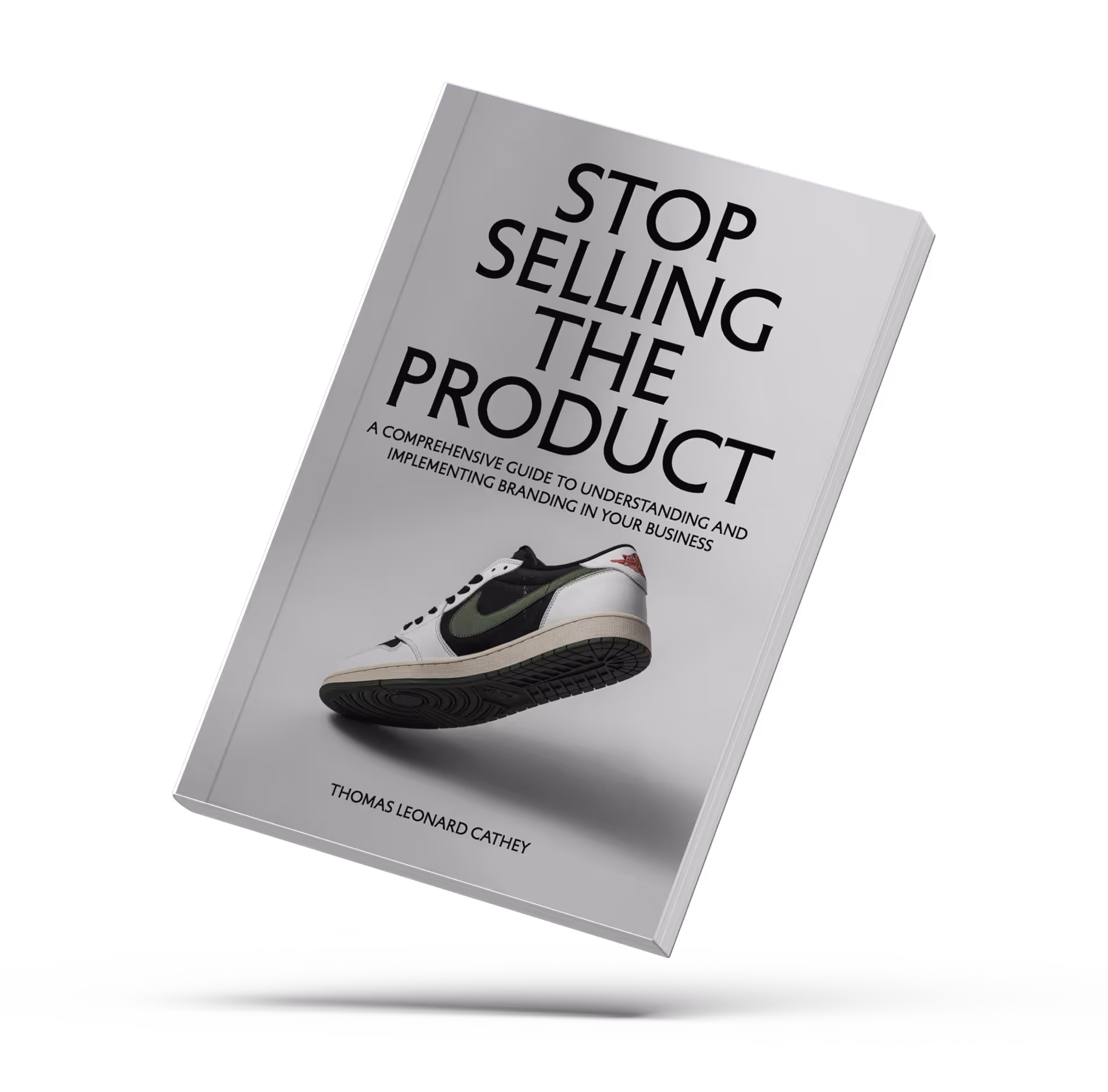 Book titled 'Stop Selling The Product' featuring a floating sneaker above a shadow.