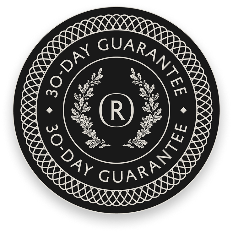 Decorative circular seal with text '30-DAY GUARANTEE' repeated and a registered trademark symbol surrounded by laurel branches.