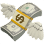 Stack of dollar bills with wings flying, symbolizing money flying away.