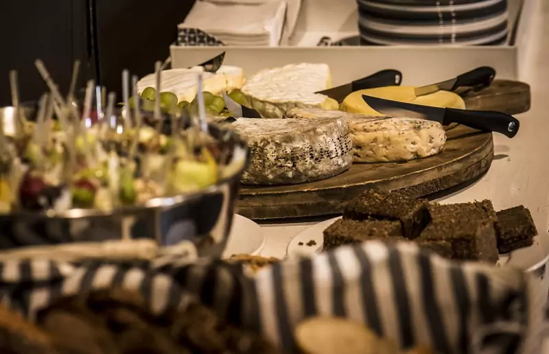 A platter with a selection of French cheeses.