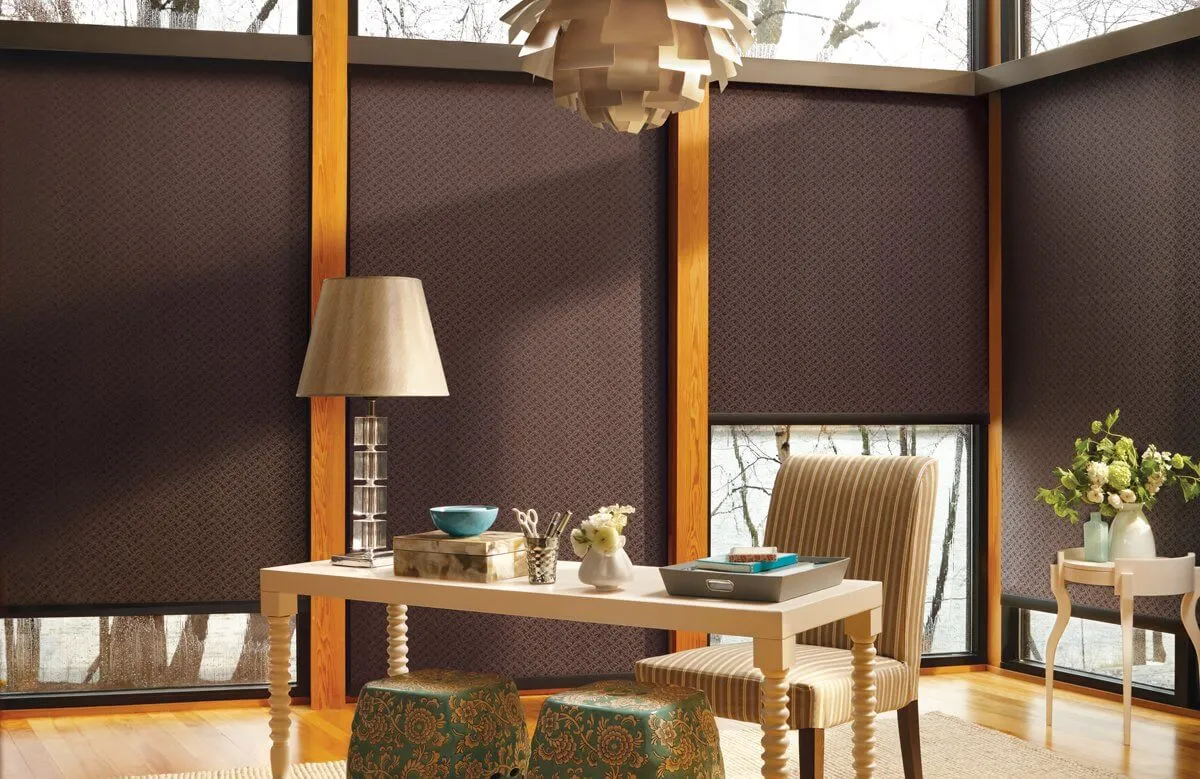 Modern living room with floor-to-ceiling shades