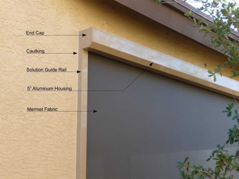 Exterior window shade with labeled components.