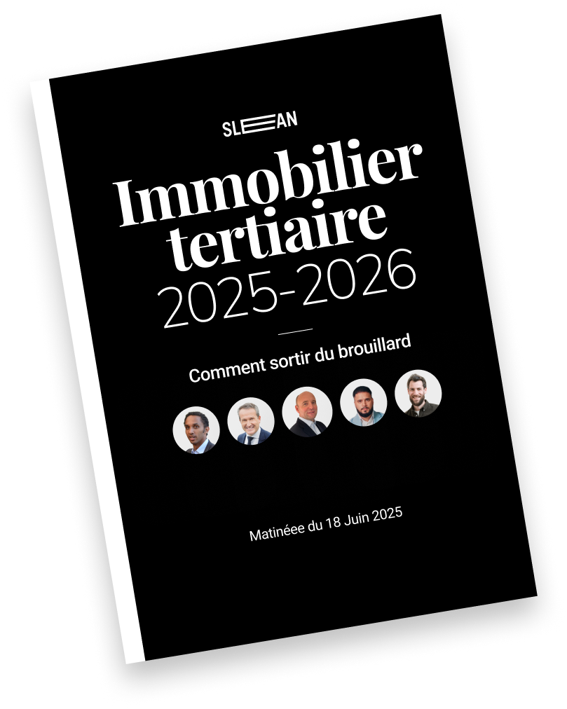 Couverture du compte rendu “Immobilier tertiaire 2025–2026 – Comment sortir du brouillard”, édité par Slean, avec les portraits des intervenants de la matinée du 13 juin 2025