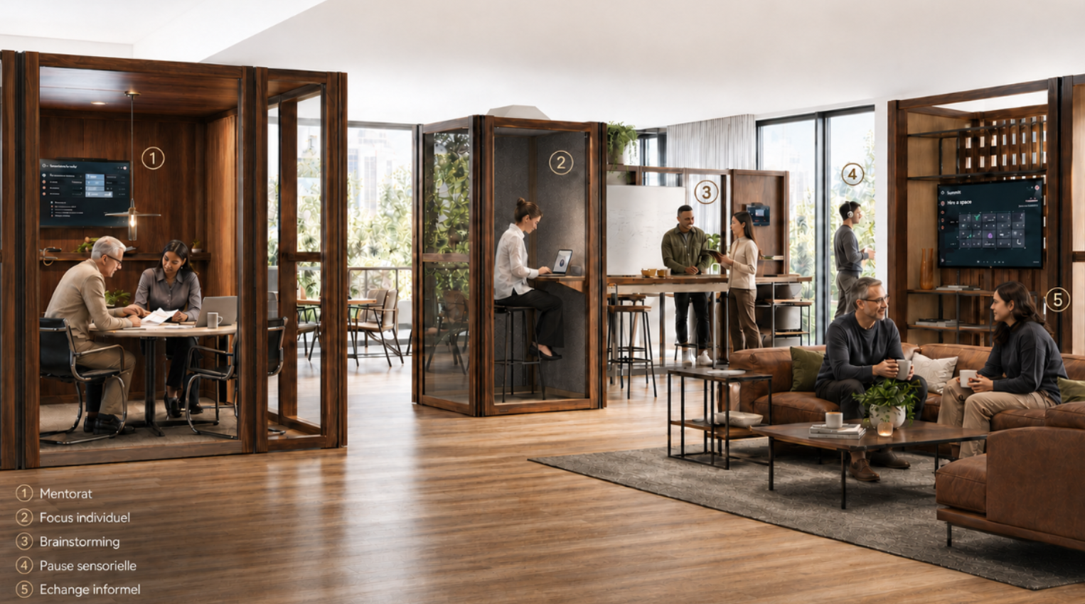 Aménagement de bureau moderne et modulable présentant cinq espaces de travail : mentorat, focus individuel, brainstorming, pause sensorielle et échange informel.