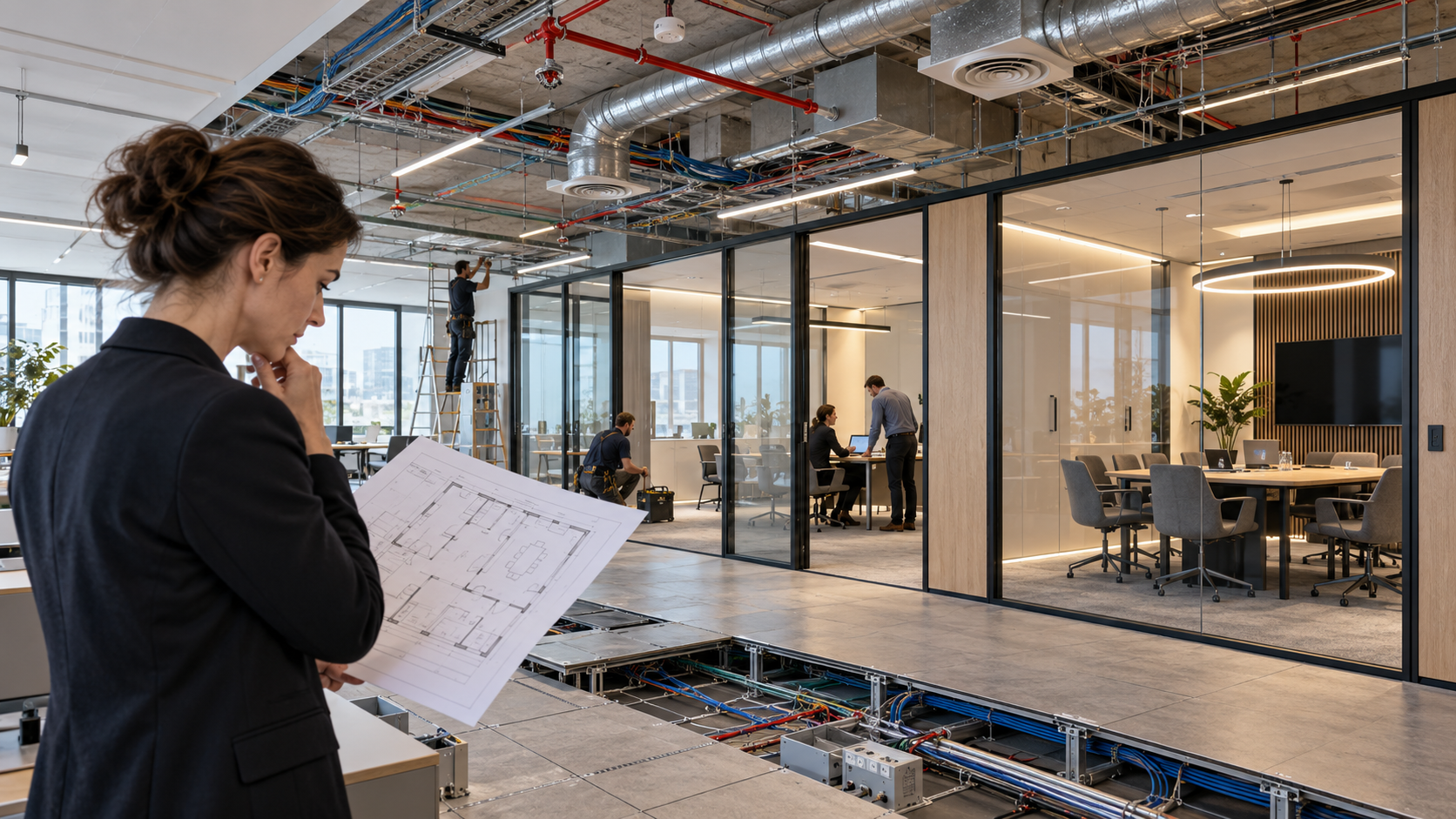 Aménagement de bureaux en reconfiguration : une responsable consulte un plan devant des salles vitrées, avec réseaux techniques apparents au plafond et sous le plancher.