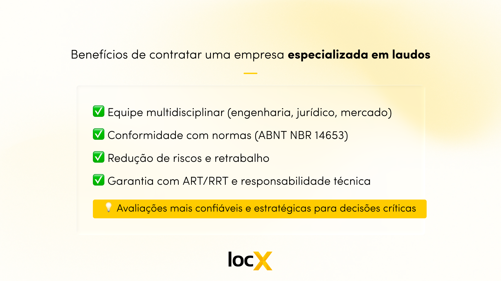 Benefícios de contratar uma empresa especializada em laudos. ✅ Equipe multidisciplinar (engenharia, jurídico, mercado) ✅ Conformidade com normas (ABNT NBR 14653) ✅ Redução de riscos e retrabalho ✅ Garantia com ART/RRT e responsabilidade técnica 💡 Avaliações mais confiáveis e estratégicas para decisões críticas