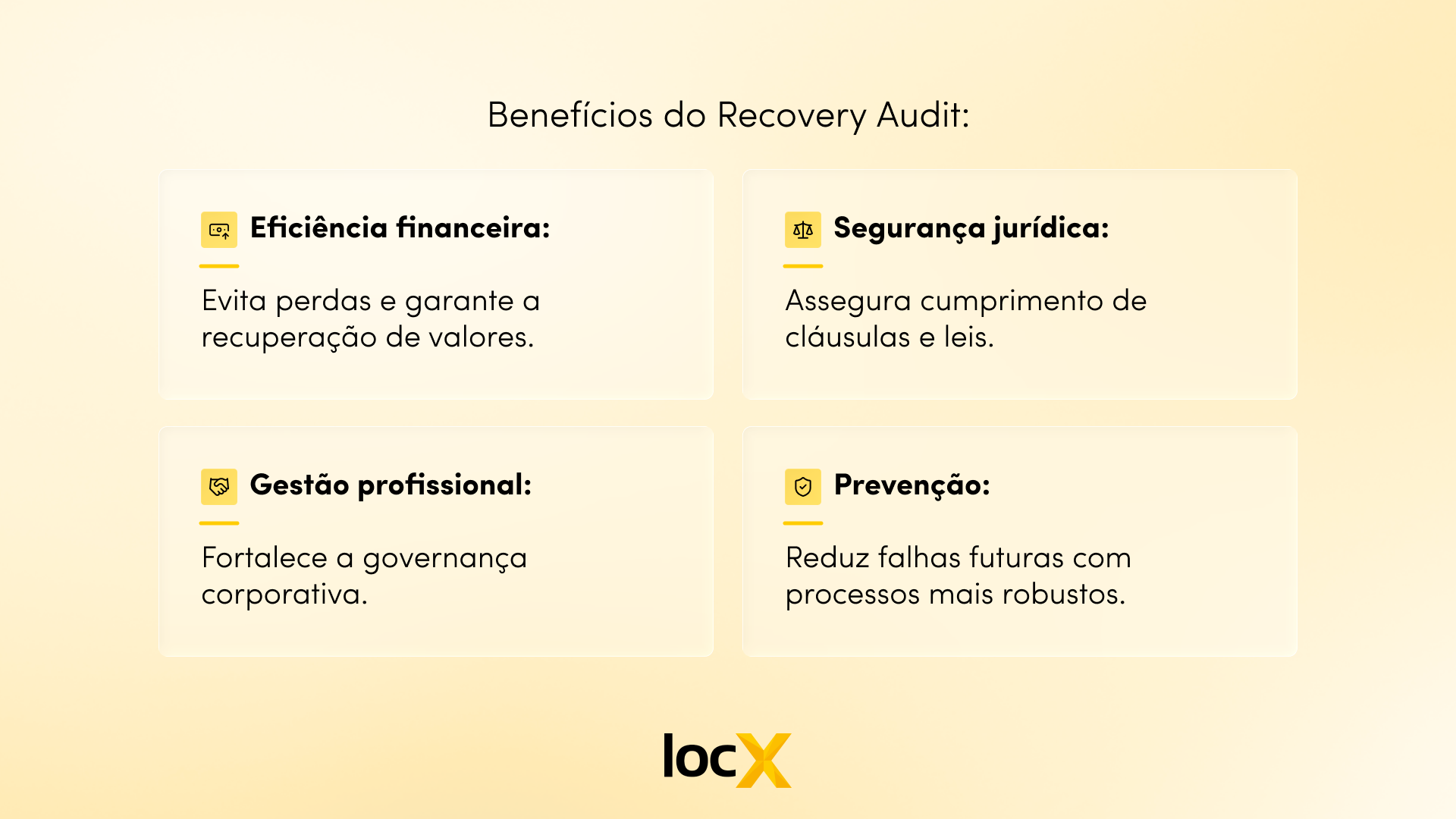 Benefícios do Recovery Audit - Eficiência financeira: evita perdas e garante a recuperação de valores.Segurança jurídica: assegura cumprimento de cláusulas e leis.Gestão profissional: fortalece a governança corporativa.Prevenção: reduz falhas futuras com processos mais robustos.