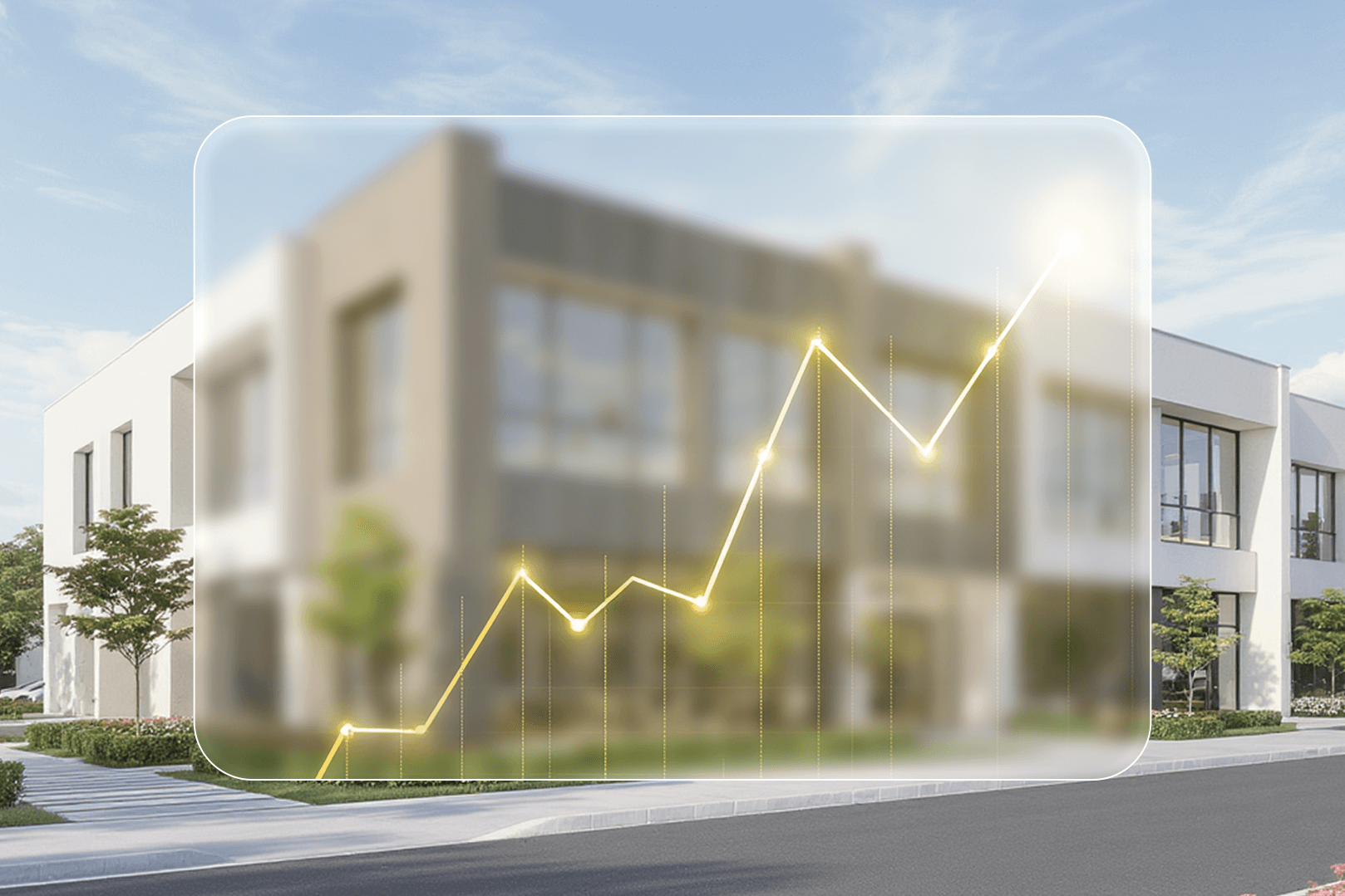 Imóvel comercial moderno com gráfico financeiro ao fundo indicando crescimento e valorização de ativos imobiliários.