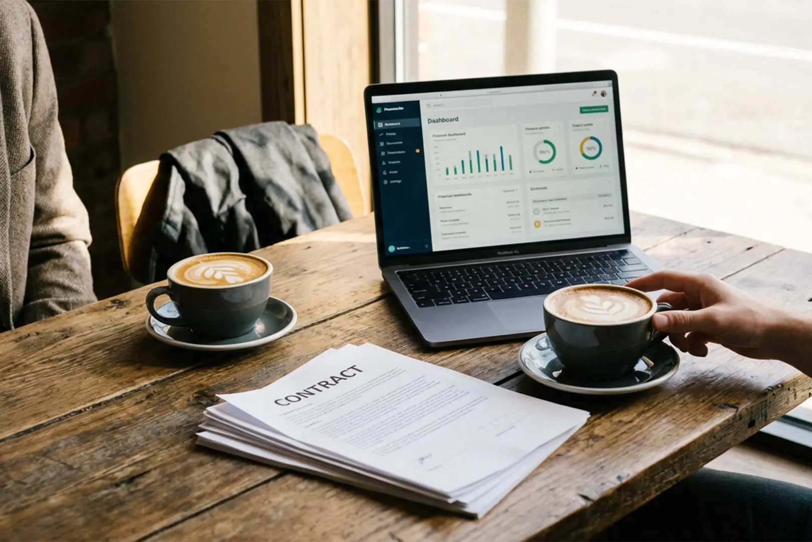 Mesa com café, notebook e documentos em ambiente corporativo moderno, simbolizando conversa estratégica sobre soluções de negócios.