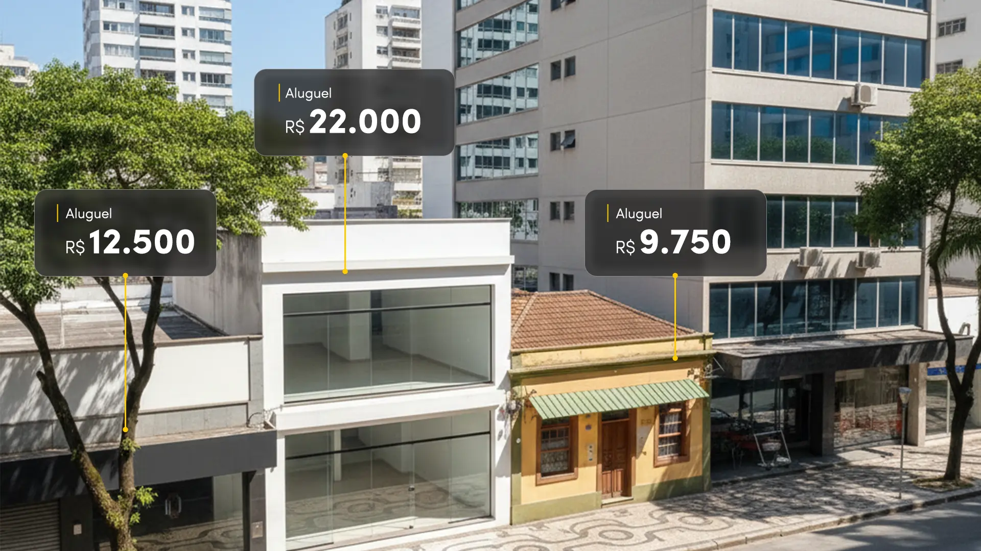 Fachadas de diferentes imóveis comerciais lado a lado em ambiente urbano, representando opções para análise comparativa de aluguel