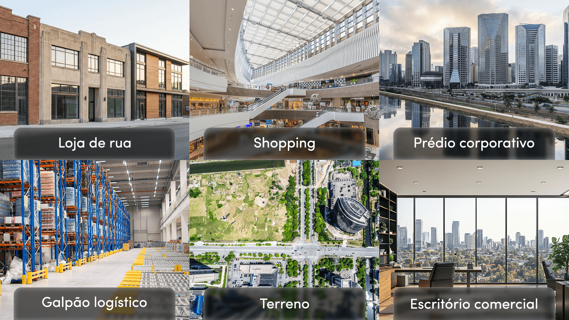 Montagem com loja de rua, fachada de shopping, prédio corporativo moderno, galpão logístico, terreno e escritório comercial, representando diferentes tipos de imóveis comerciais